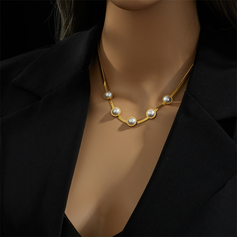 Minimalist Retro Geometric Titanium Steel Necklace with Pearl Accent on Snake Chain