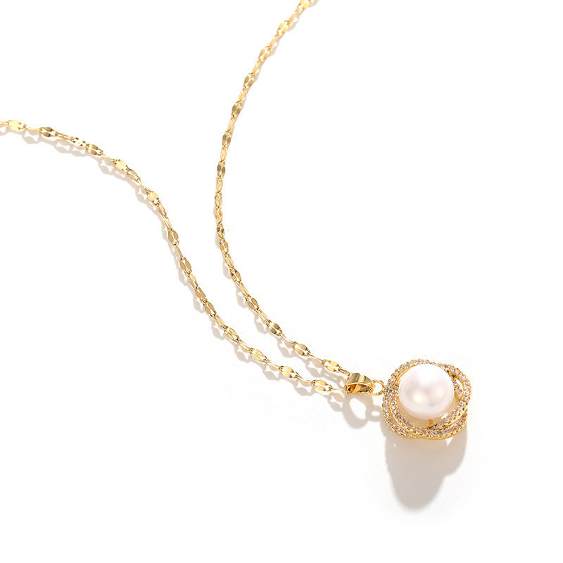 Geometric Pendant Necklace in Titanium Steel with 18K Gold Plating, Micro-Paved Rhinestones, Pearl Accents, and Wavy Chain