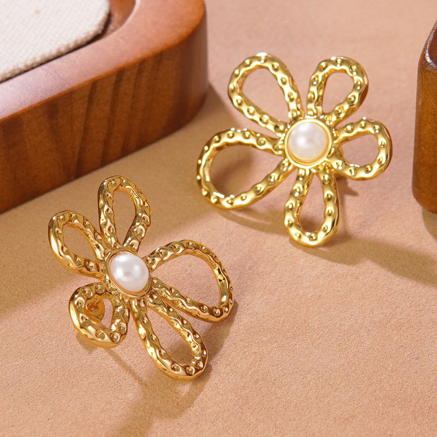 Luxury Stainless Steel Stamped Floral Stud Earrings for Women