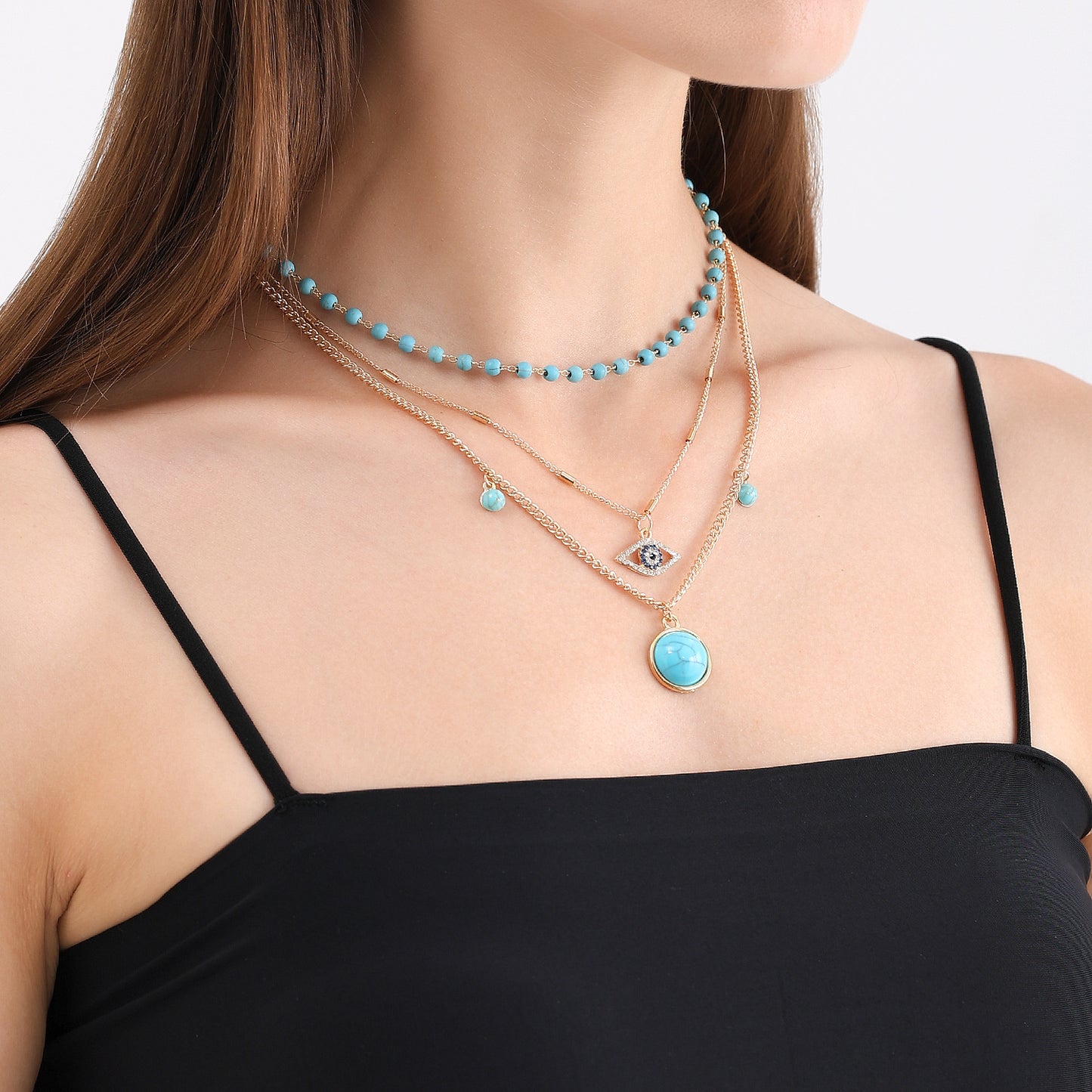 Vintage Bohemian Turquoise Pendant Necklace for Women Geometric Alloy Locket with Plated Finish