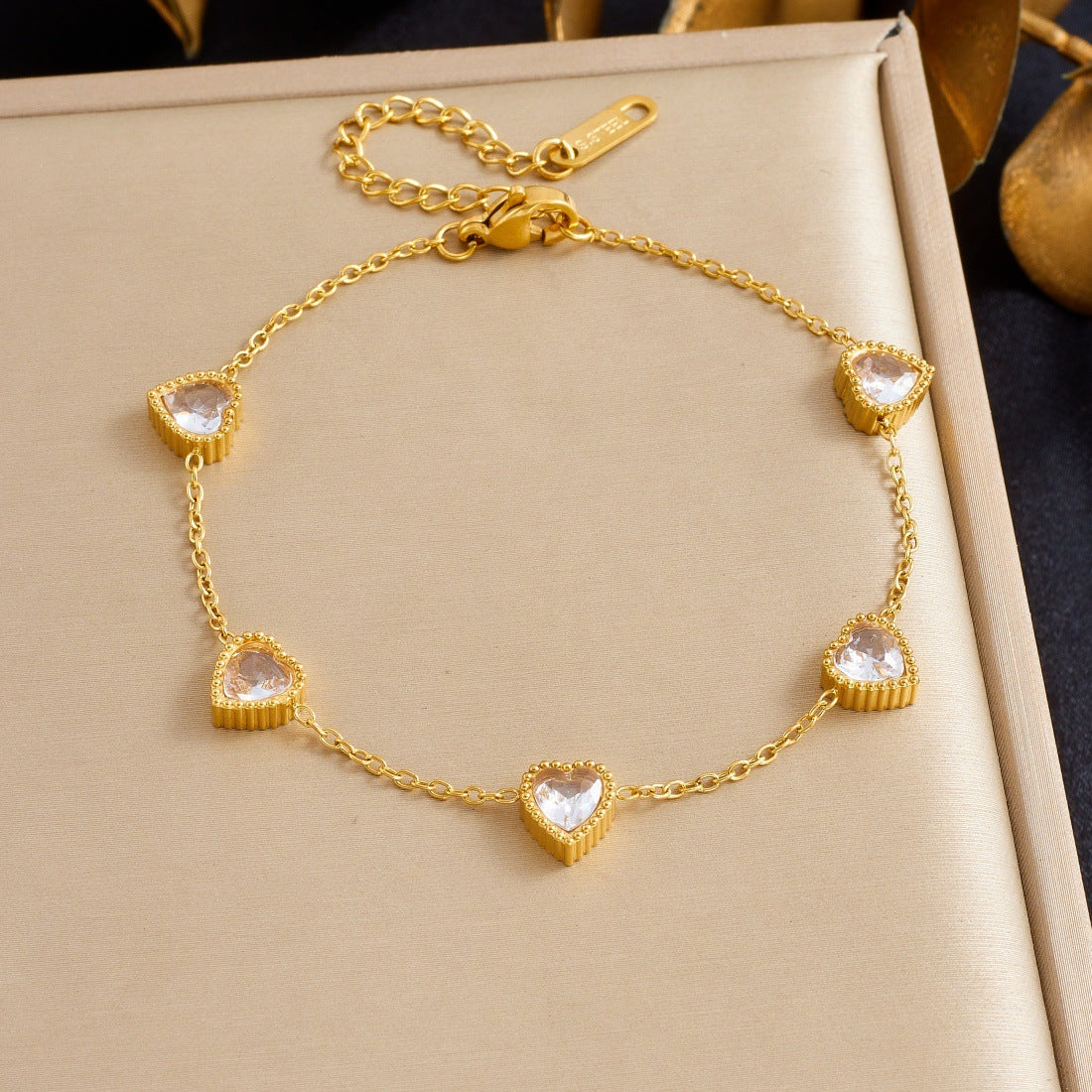 Colorful Rhinestone Heart Plated Stainless Steel Bracelet for Women