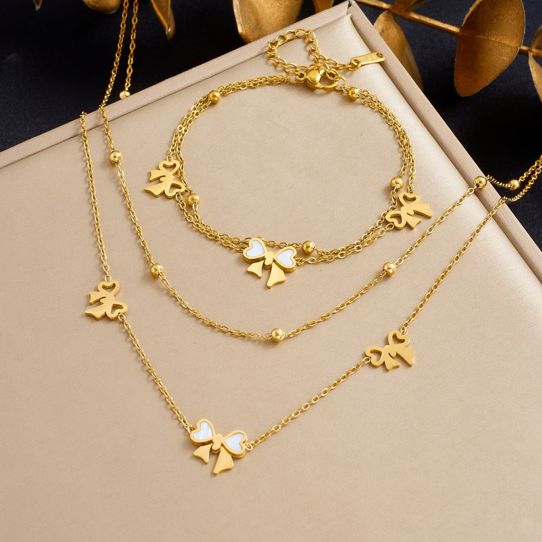 Minimalist Luxury Gold Plated Stainless Steel Bow Pendant Double Layer Necklace Set for Women
