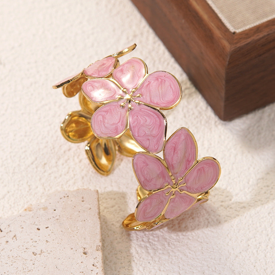 Minimalist Elegant Floral Drip Oil Stainless Steel Cuff Bracelet
