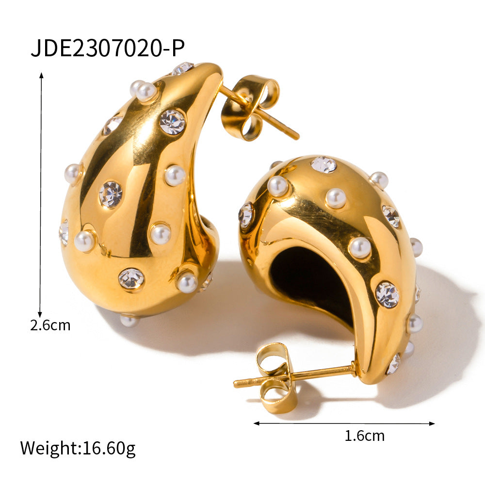 Fashionable 18K Gold Plated Geometric Water Drop Titanium Steel Earrings with Cubic Zirconia for Women