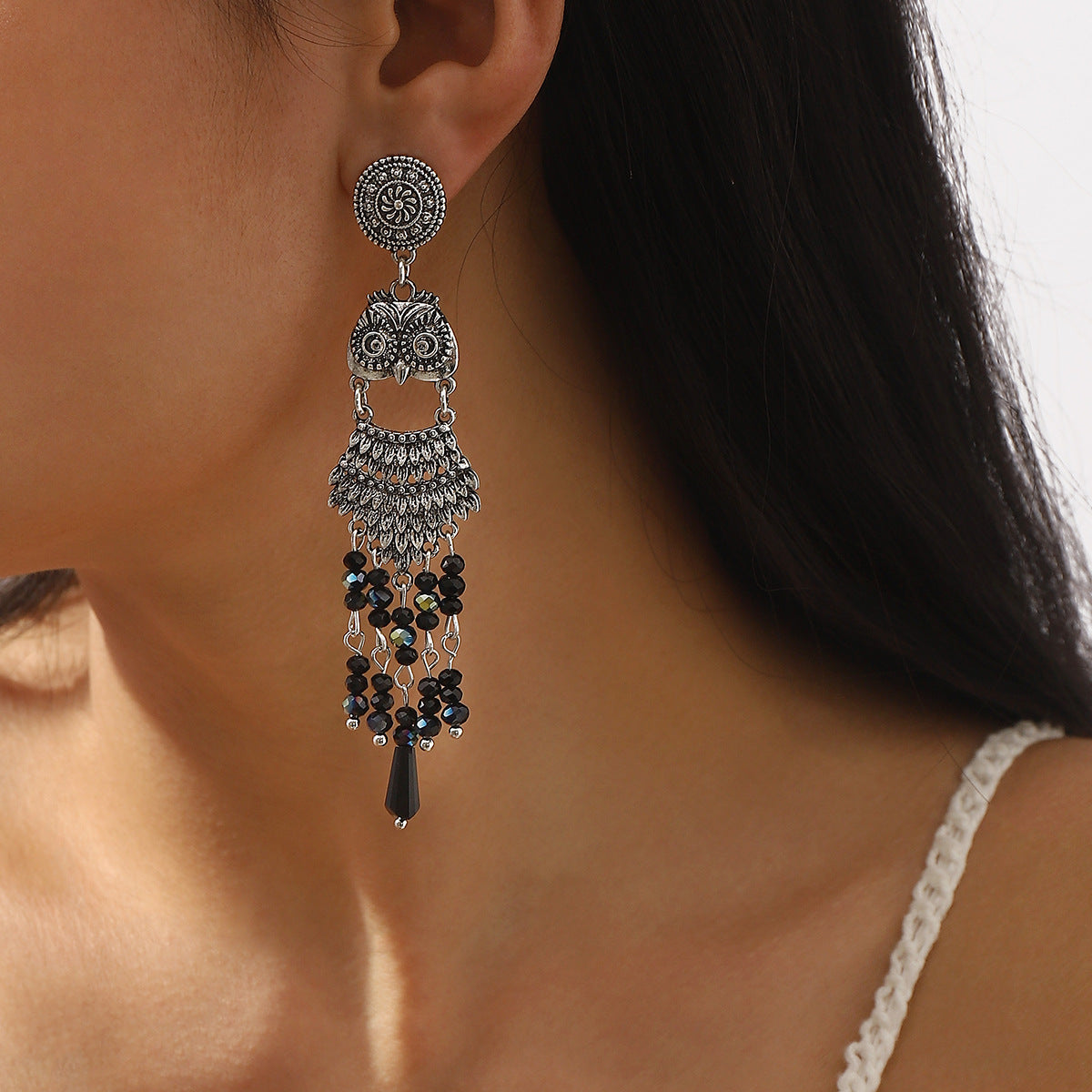 Aretes Bohemio Búho con Borlas en Aleación y Resina, Joyería de Oreja de Moda para Mujer de Estilo Étnico Vintage Electrochapado
