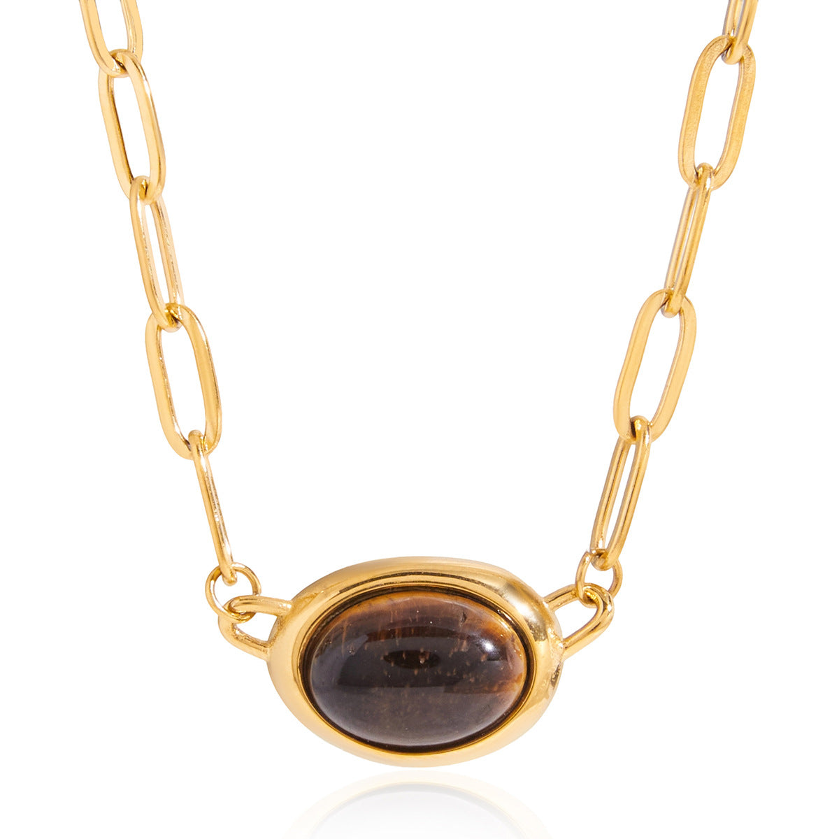 Collana con ciondolo ovale geometrico a occhio di tigre in acciaio al titanio con finitura galvanizzata per donna