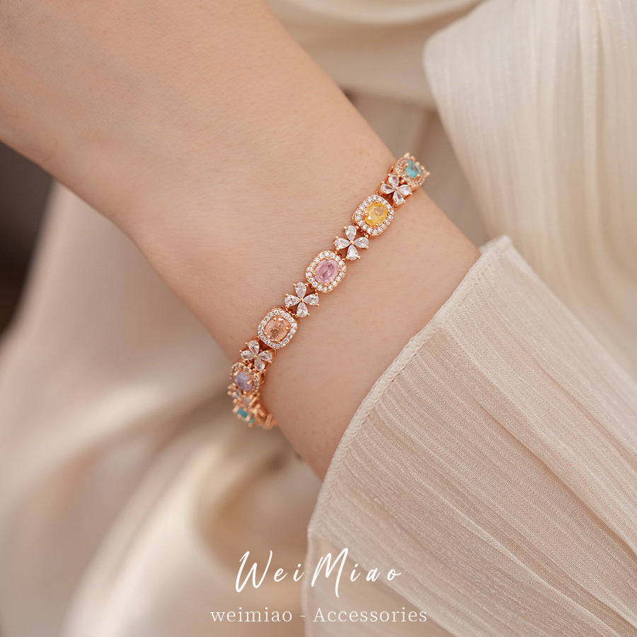 Luxury Elegant Square Floral Brass Bracelet with Cubic Zirconia Inlay for Women