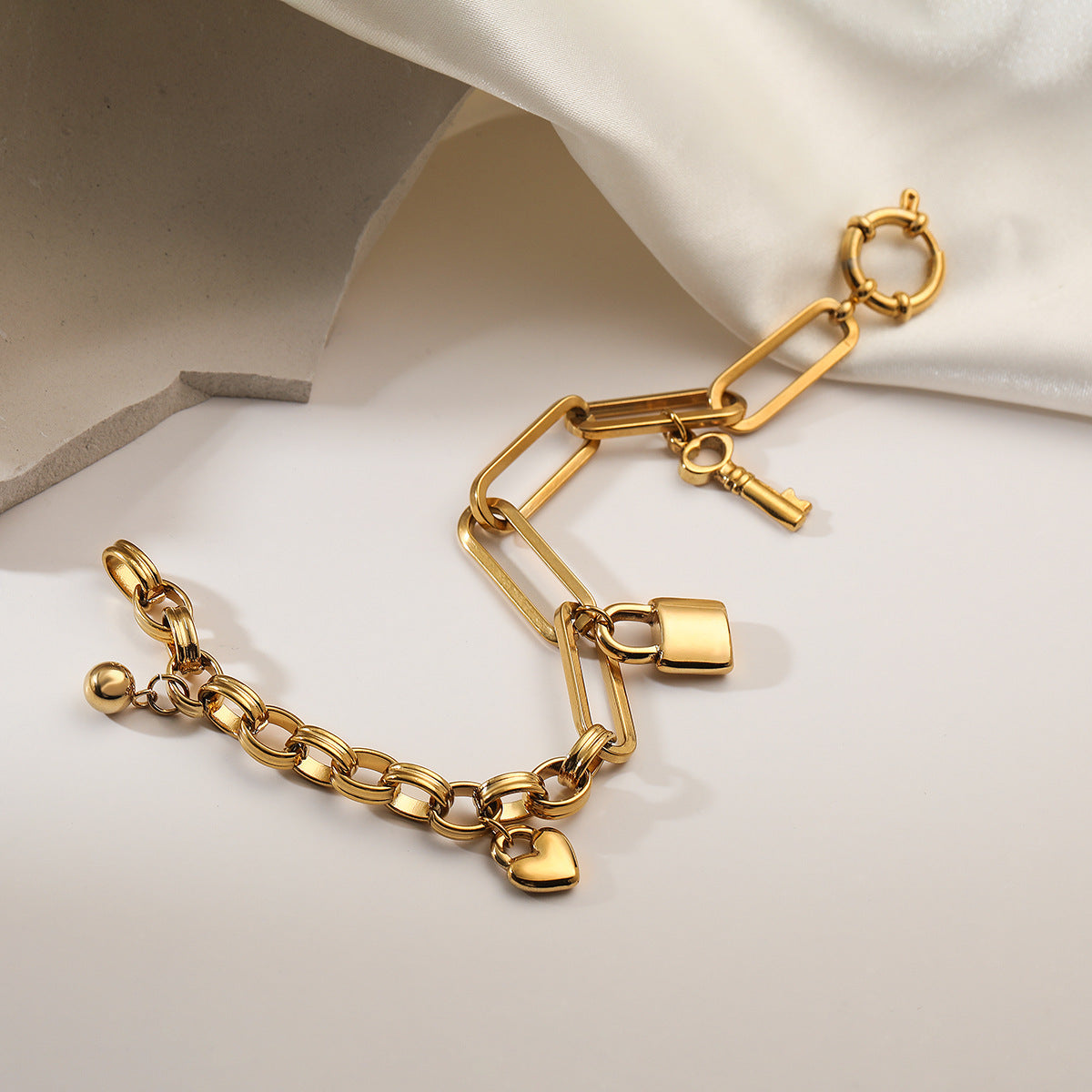 Minimalist Heart Lock Key Pendant Bracelet for Women in Titanium Steel with 18K Gold Plating