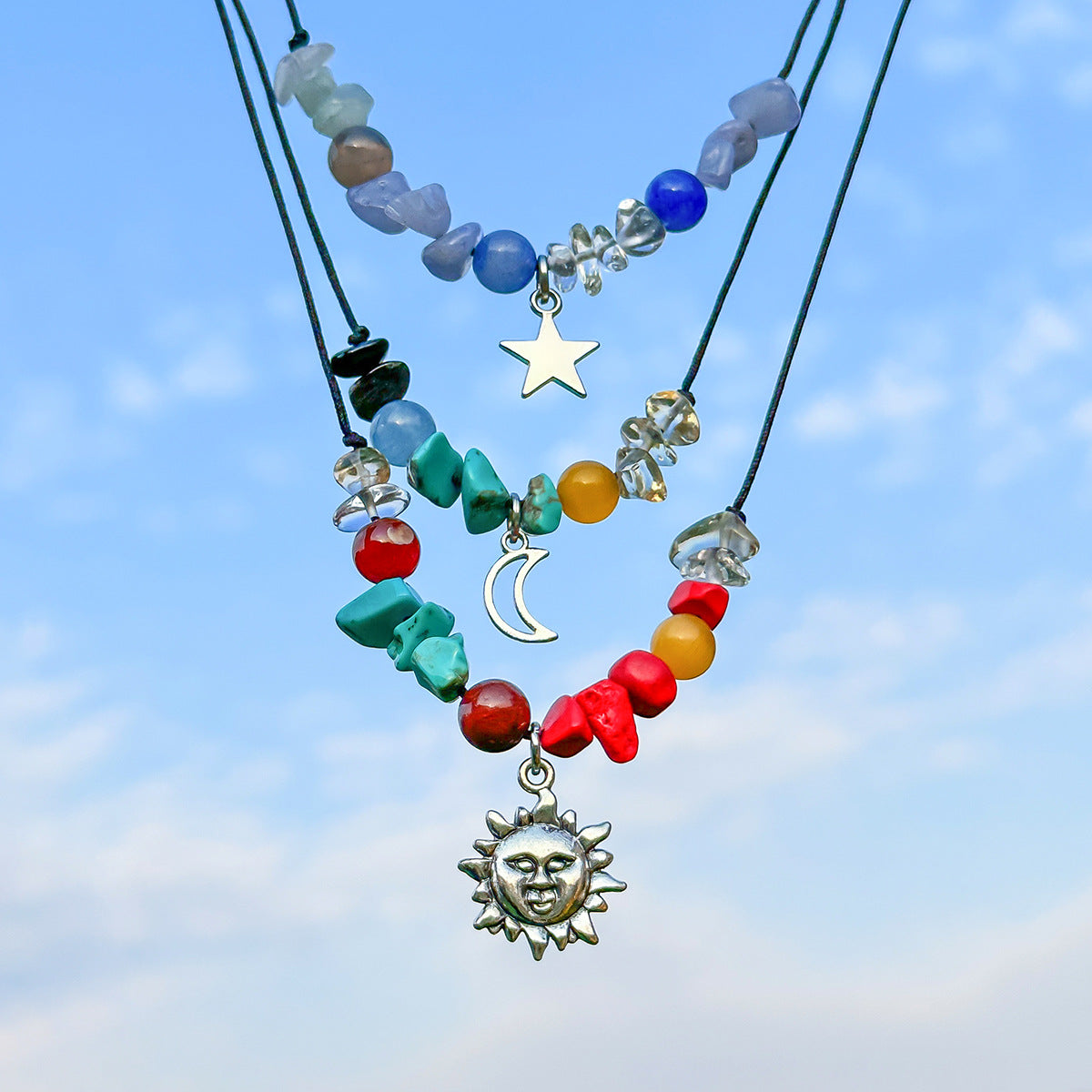 Collar de colgante rústico de mariposa con borlas, estrella, luna, amuleto de piedra irregular, cadena de aleación para mujer