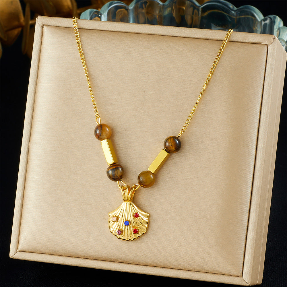Vintage Gold Plated Stainless Steel Necklace with Cubic Zirconia and Tiger Eye Agate Beads