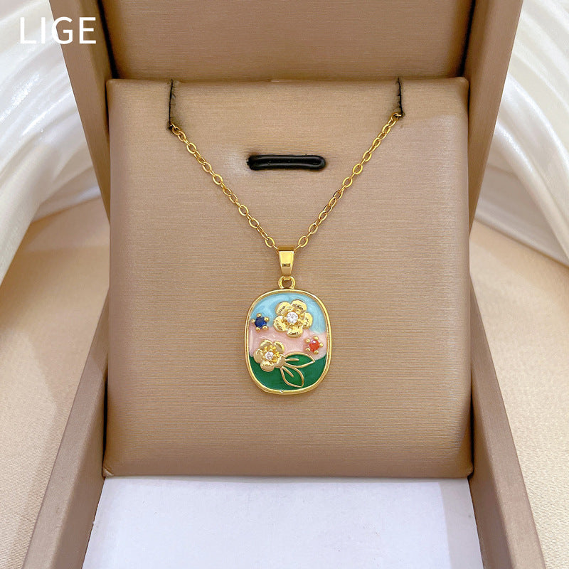 Sweet Geometric Moon Titanium Steel Necklace with Brass Pendant