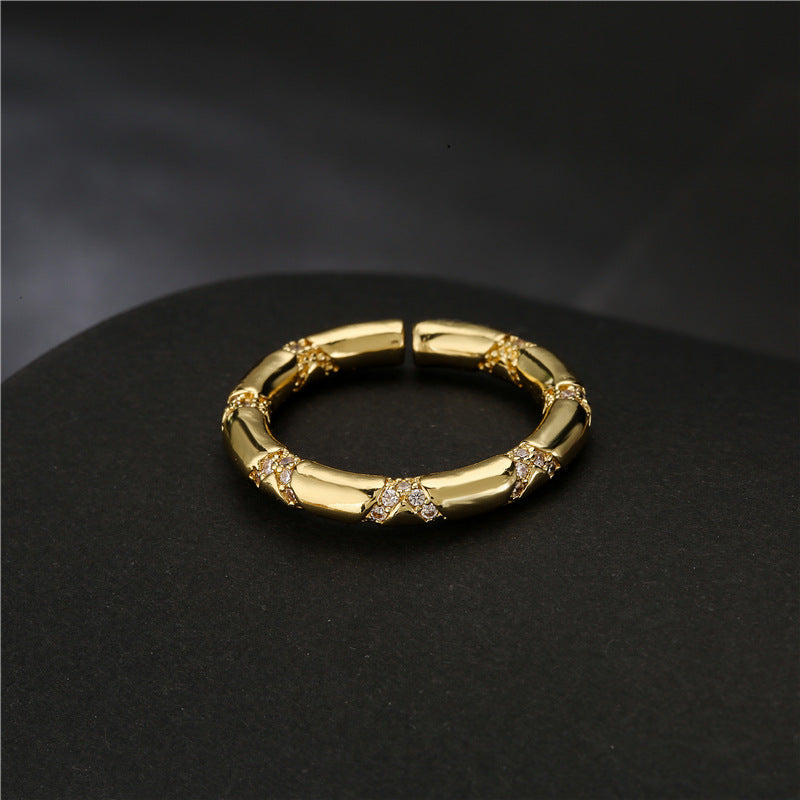 18K Gold Plated Geometric Brass Ring with Micro-Inlaid Cubic Zirconia for Women