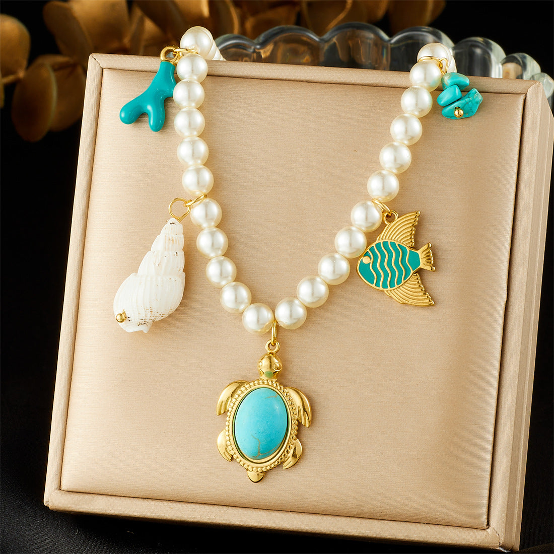 Sweet Gold Plated Drip Oil Animal Fish Turtle Conch Stainless Steel Pearl Turquoise Necklace for Women