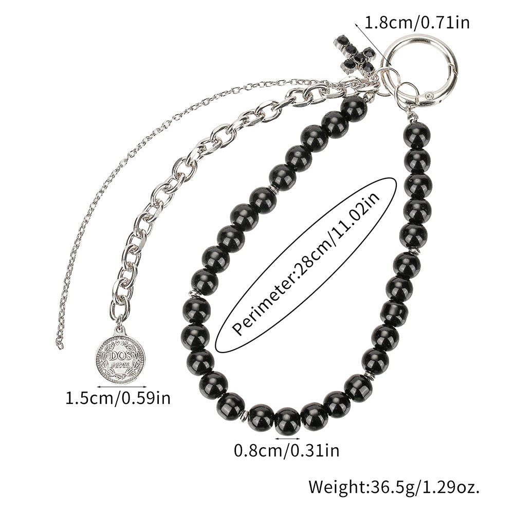Rhinestone Inlaid Cross Round Zinc Alloy Keychain with Handmade Beading and Tassel