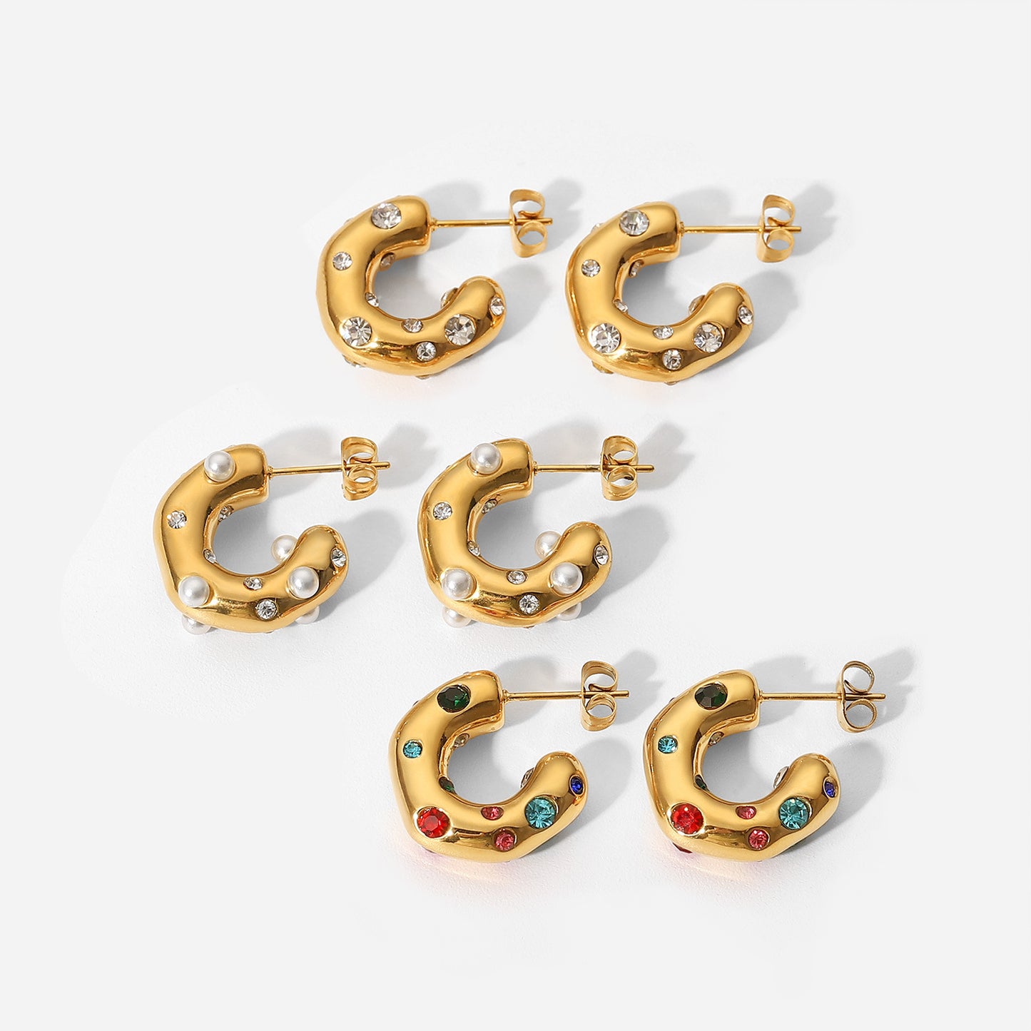 INS Style Geometric Hammered Texture C-Shaped Hoop Earrings with Zircon and Pearl Inlay in 18K Gold Plated Stainless Steel for Women