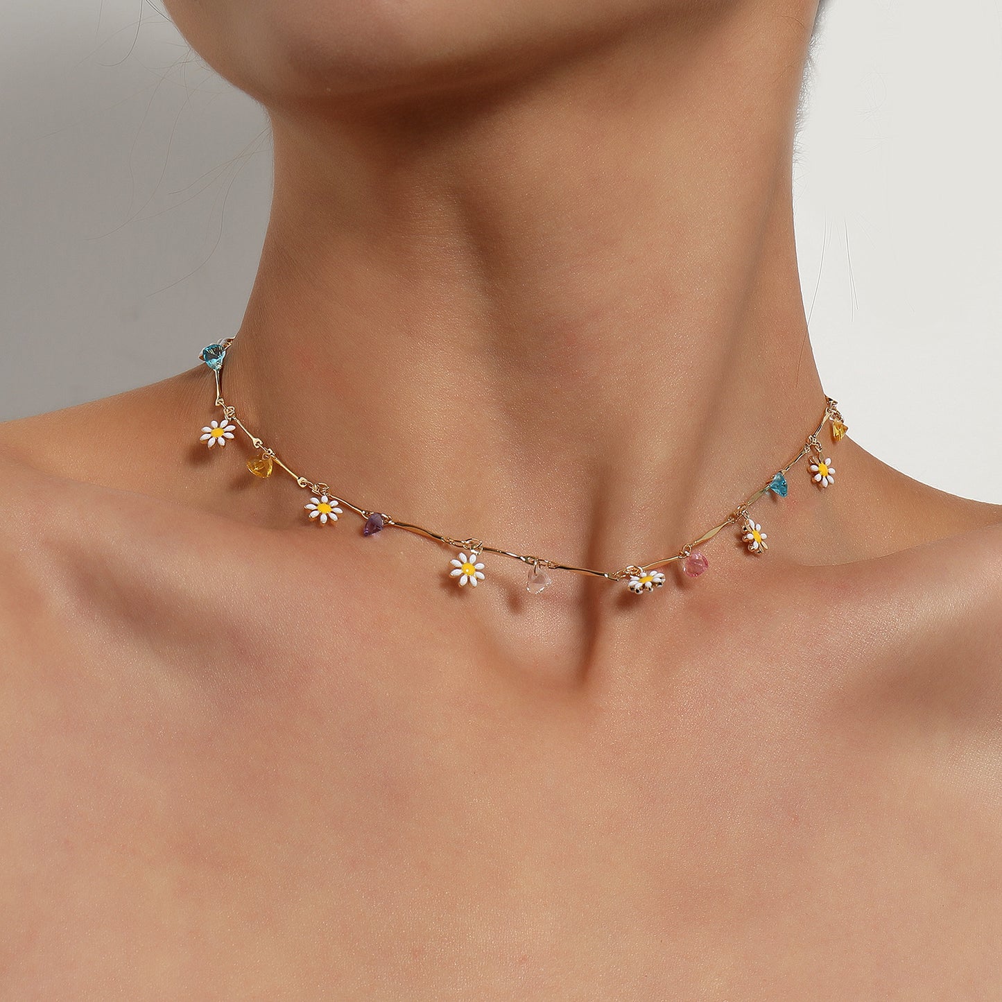 Colorful Gemstone Straight Tube Handmade Chain Necklace for Women, Floral Design Minimalist European Style Jewelry