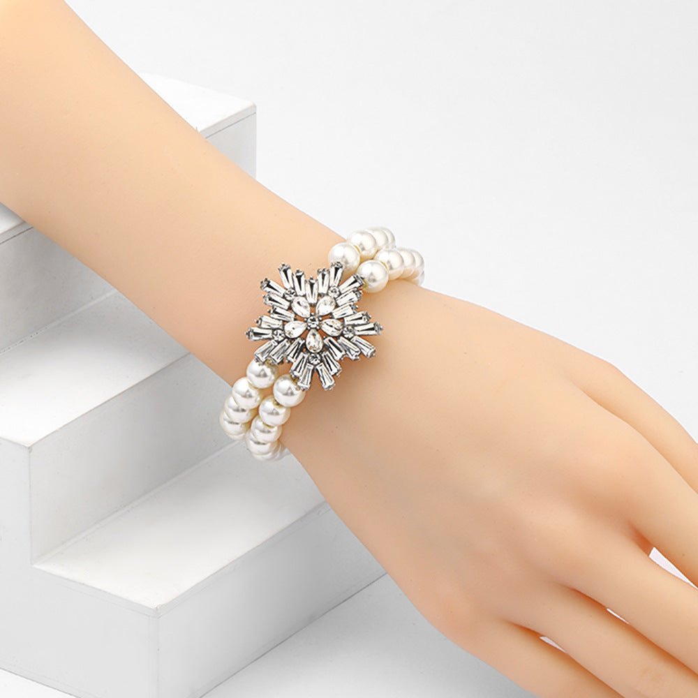 Minimalist Snowflake Double-Layer Pearl Bracelet for Women with Rhinestone Inlay, Elegant Evening and Formal Wear Accessory