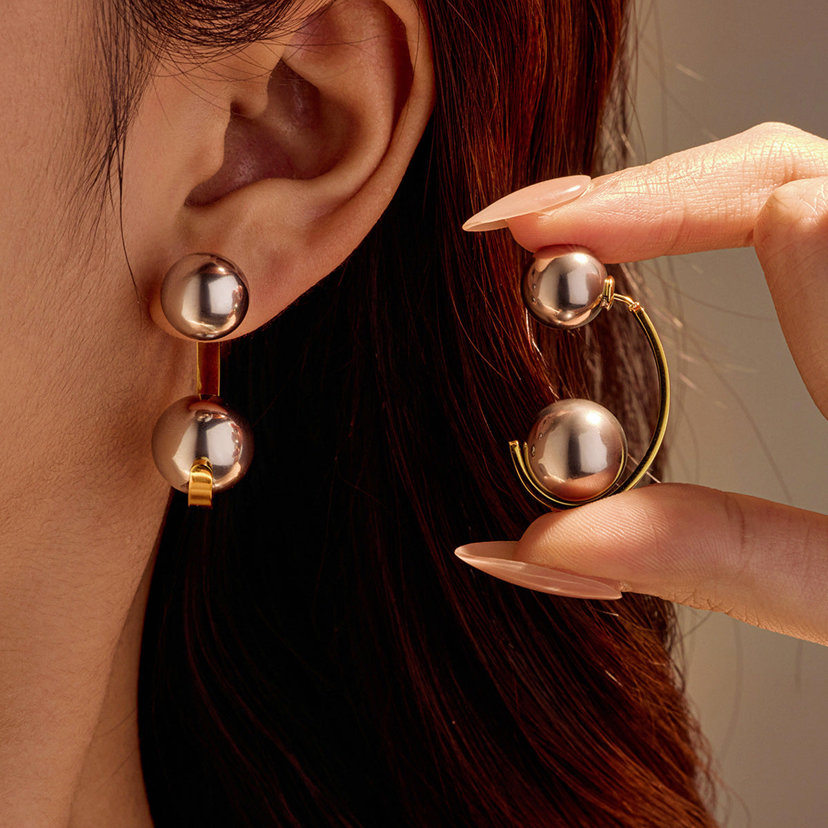 Retro Style Color-Block Hollow Spherical Stainless Steel Earrings for Women with Plated Finish