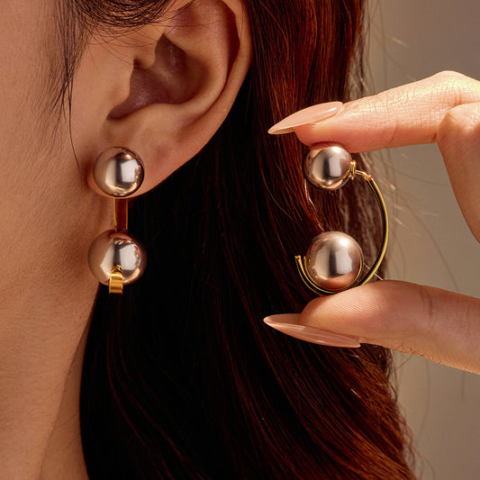 Retro Style Color-Block Hollow Spherical Stainless Steel Earrings for Women with Plated Finish