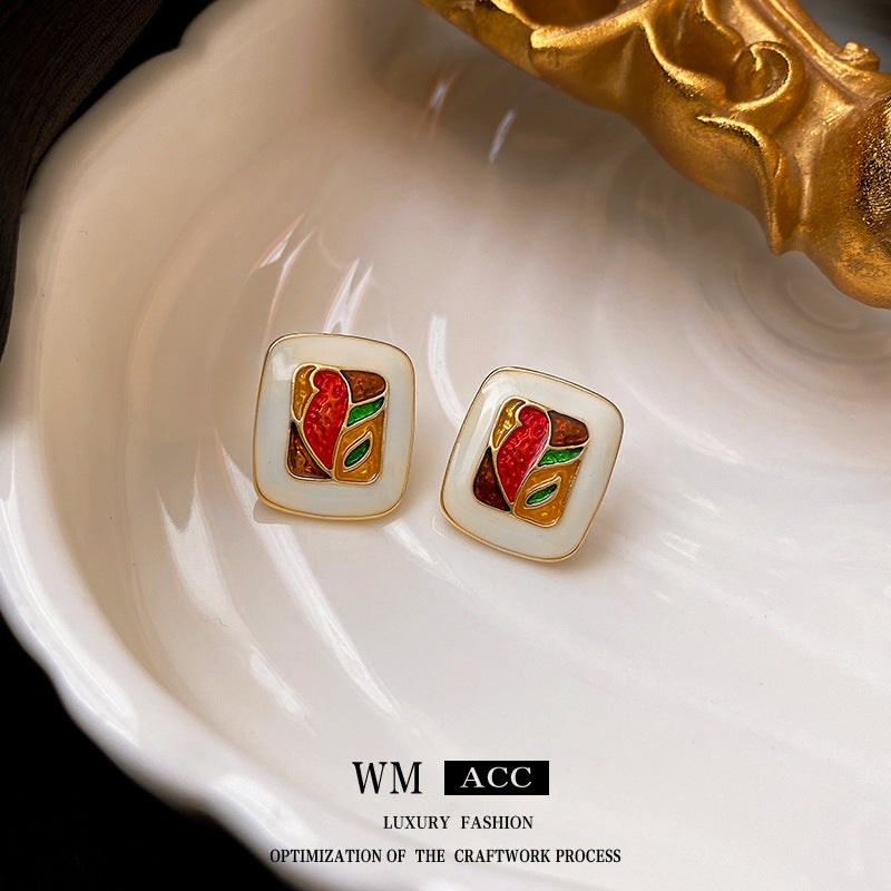 Vintage Art-Inspired Enamel Square Stud Earrings for Women with Stainless Steel Posts