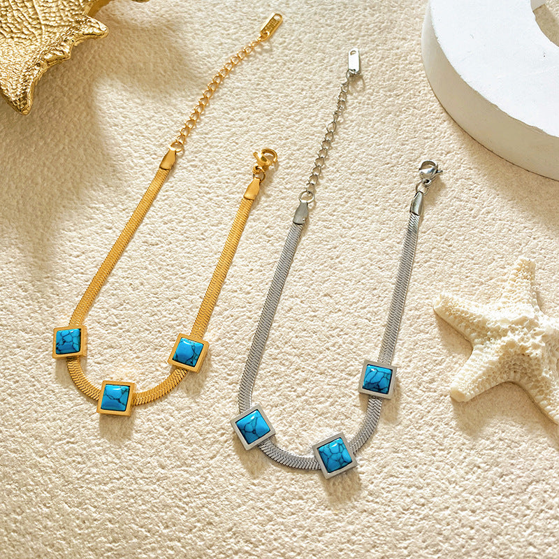 Minimalist Gold Plated Titanium Steel Square Bracelet with Three Turquoise Stones for Unisex
