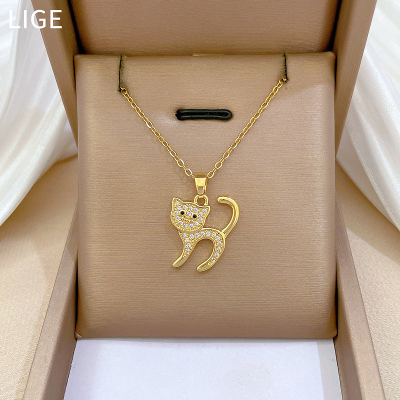 Minimalist Scared Cat Pendant Necklace for Women Stainless Steel Snake Chain with Rhinestone Accents Geometric Design