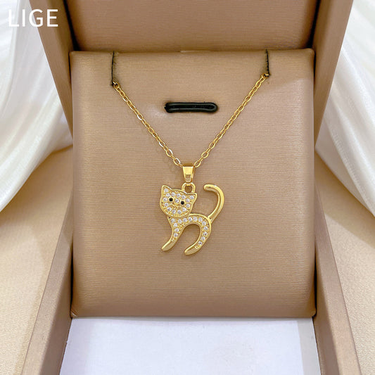 Minimalist Scared Cat Pendant Necklace for Women Stainless Steel Snake Chain with Rhinestone Accents Geometric Design