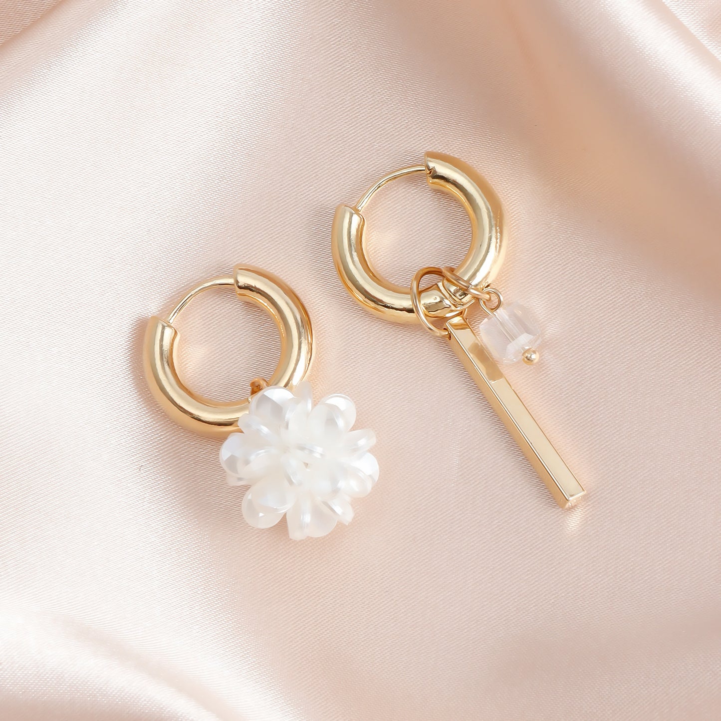 Minimalist Elegant Double-Hoop Long Bar Earrings for Women with Spherical Shape Electroplated Metal and Pearl-Like Finish