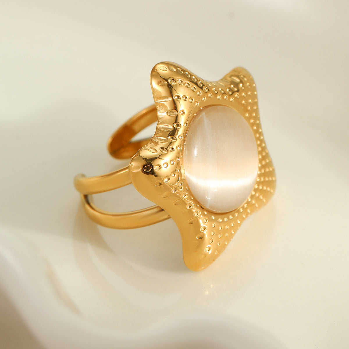 Pendientes y Anillo Minimalistas de Acero de Titanio con Forma de Estrella, Incrustación de Ojo de Gato, Joyería de Acero Inoxidable Galvanizado para Mujer
