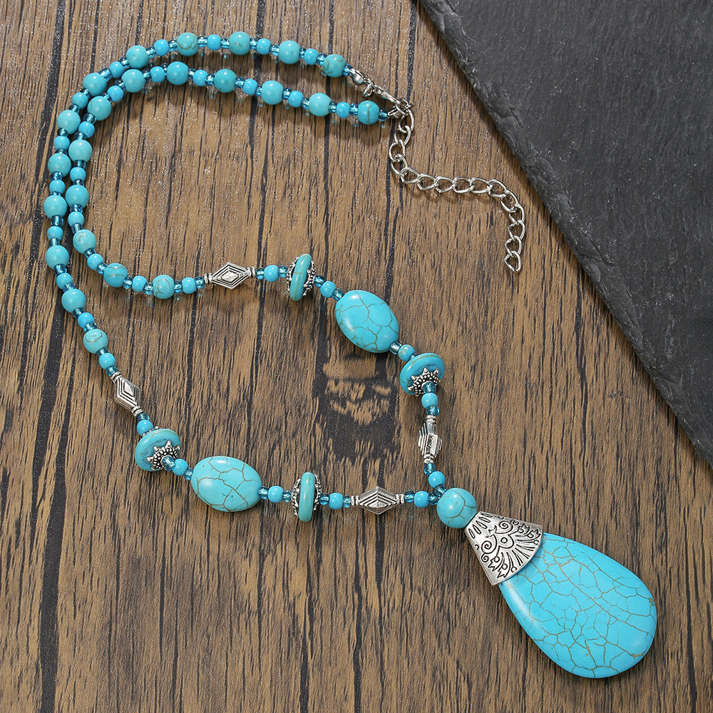 Punk Hip-hop Handmade Geometric Round Turquoise Stone Necklace for Unisex