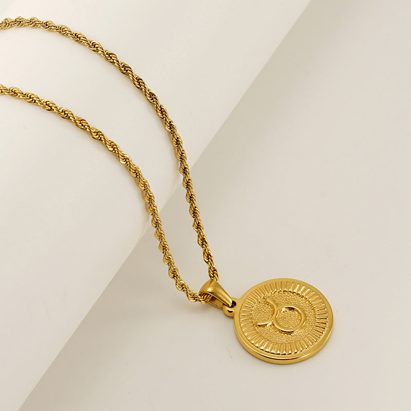 Vintage 18K Gold Plated Round Zodiac Pendant Titanium Steel Rope Chain Necklace Unisex