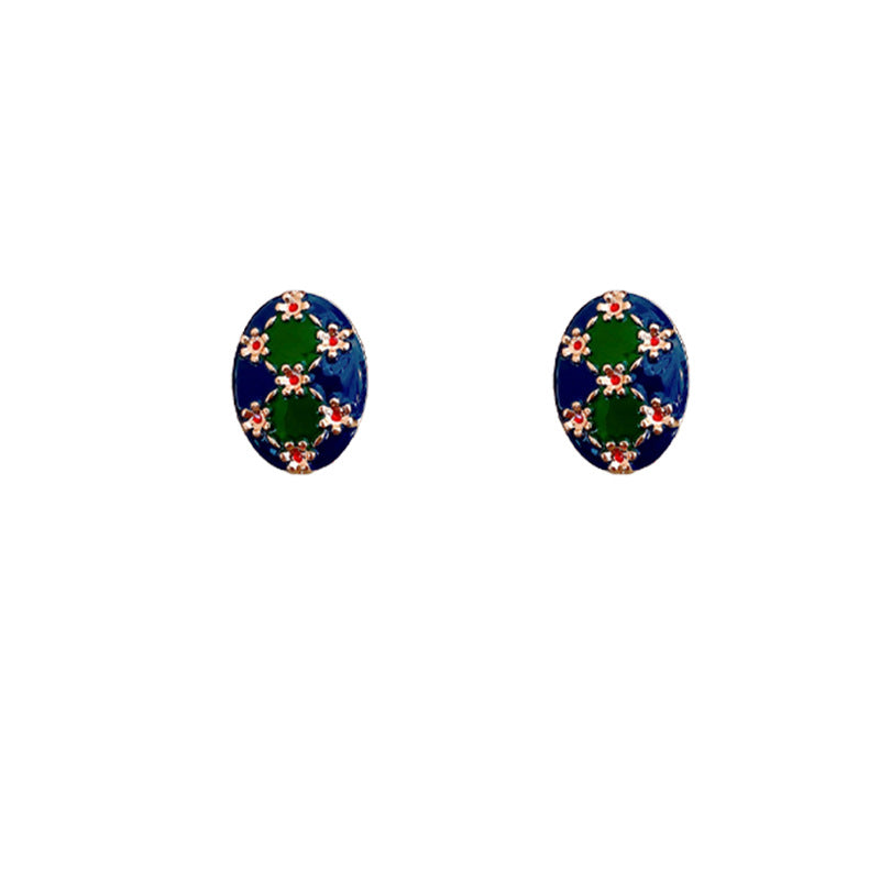 Vintage Floral Oval Enamel Earrings with Silver-Plated Copper Base and 14K Gold Posts for Women