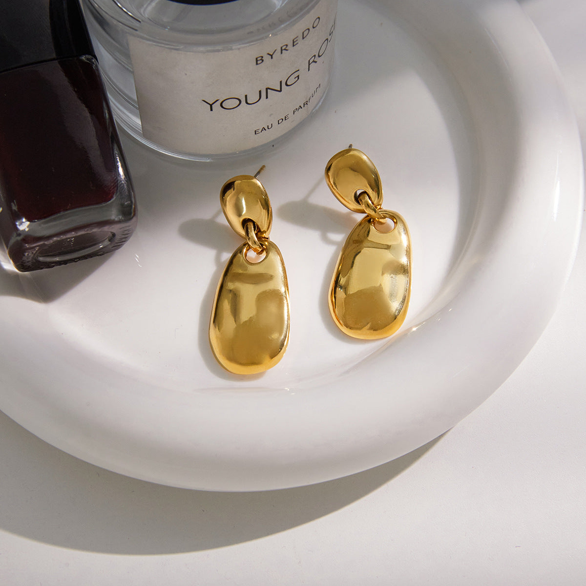 Luxury Elegant Geometric Oval 18K Gold Plated Stainless Steel Stud Earrings for Women