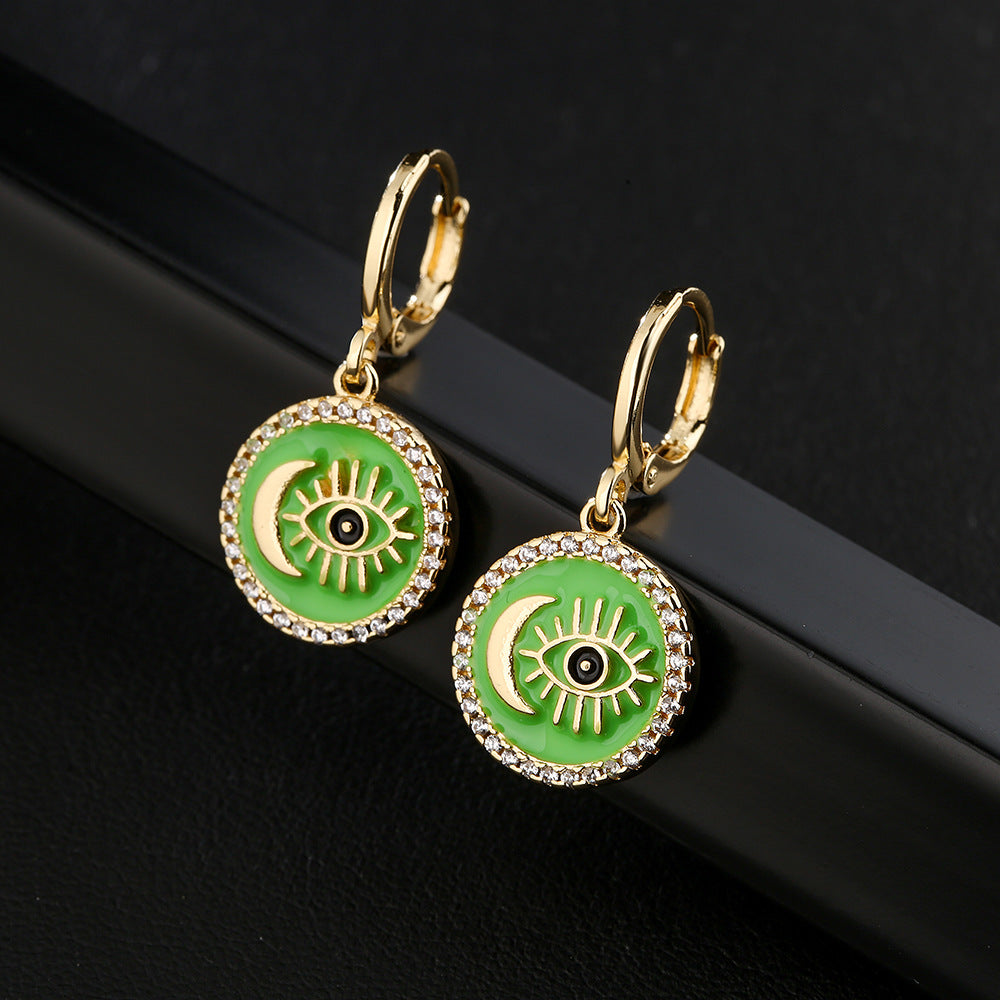 Minimalist Geometric Copper Earrings with 18K Gold Plating and Enamel Eye Detail for Women