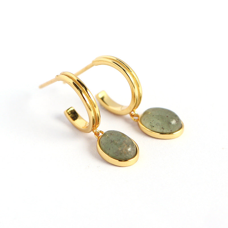 Minimalist Vintage S925 Sterling Silver Geometric C-Shaped Aventurine Inlay Earrings