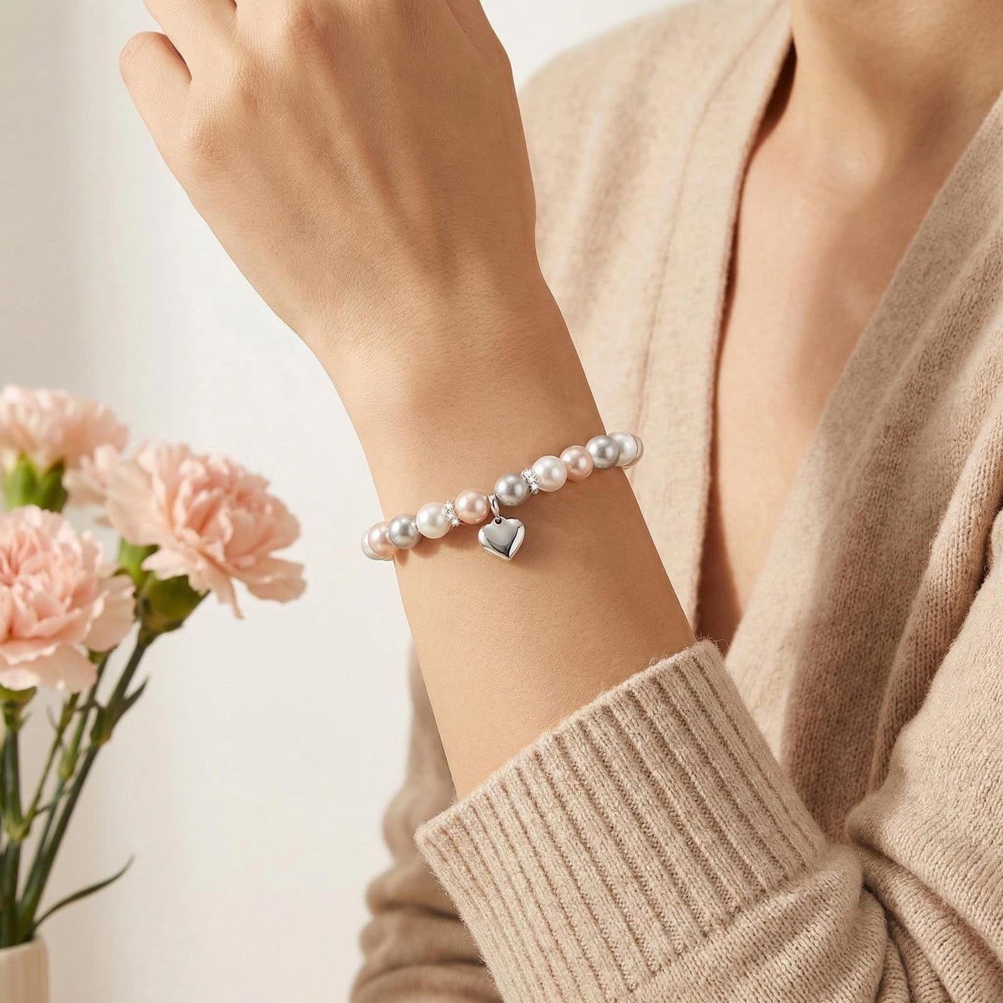 Elegant Heart Shape Stainless Steel Imitation Pearl Pendant Adjustable Bracelet for Women