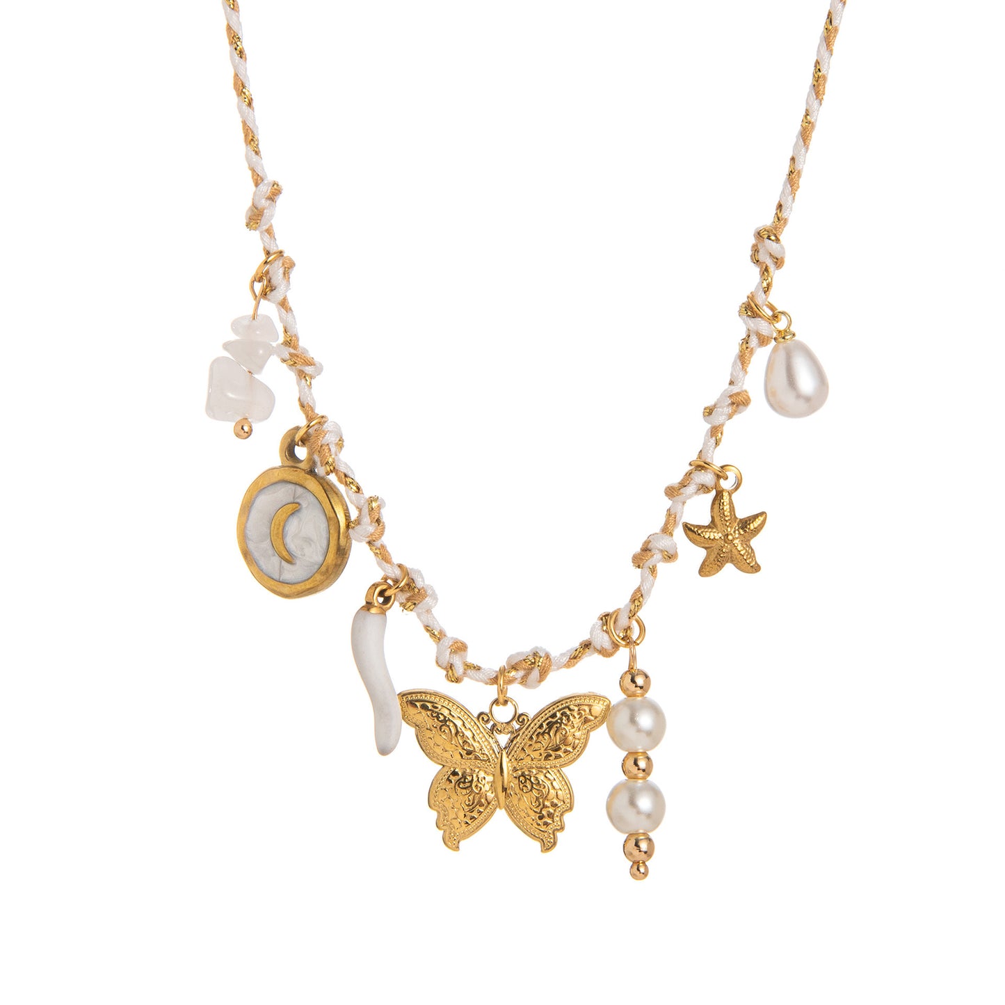 Collana da donna con ciondolo a farfalla a stella, perla e barretta placcata in titanio e acciaio personalizzata