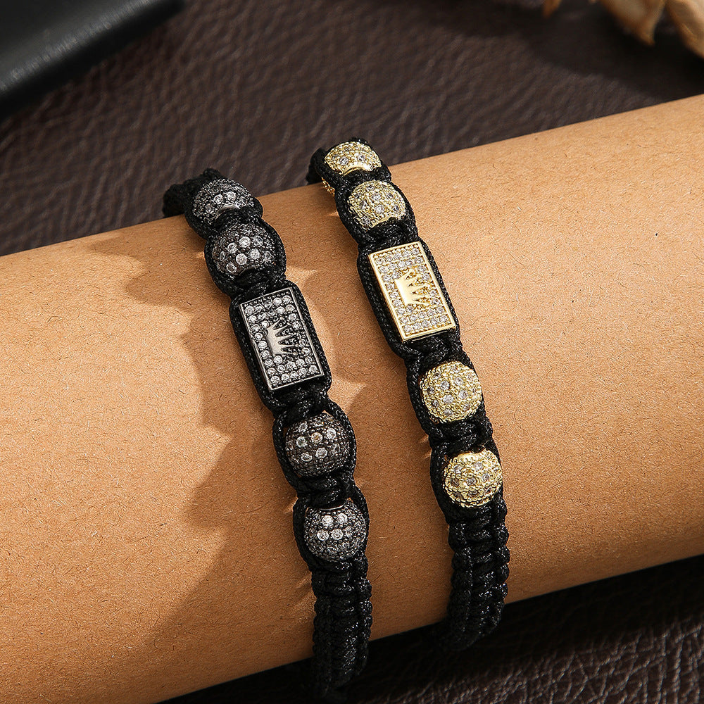 Personalized Gold Plated Brass Crown Inlaid Cubic Zirconia Braided Bracelet for Men and Women