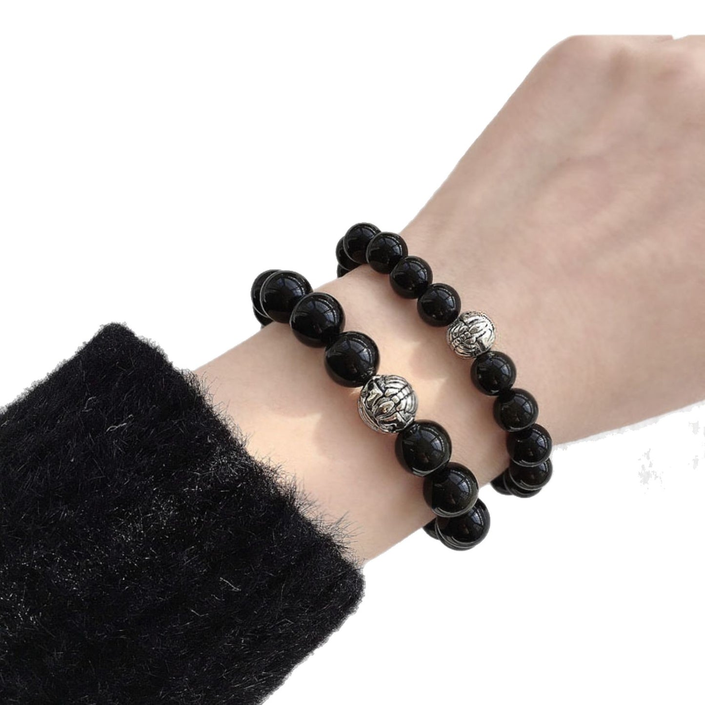 Natural Obsidian Beaded Stretch Bracelet with Pixiu Charm for Men and Women