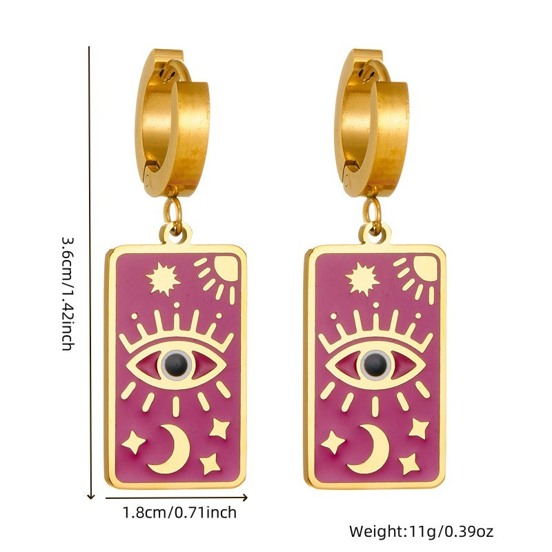 Vintage Square Dripping Oil Evil Eye Earrings and Necklace Set Star Moon Collar Chain Women's Jewelry