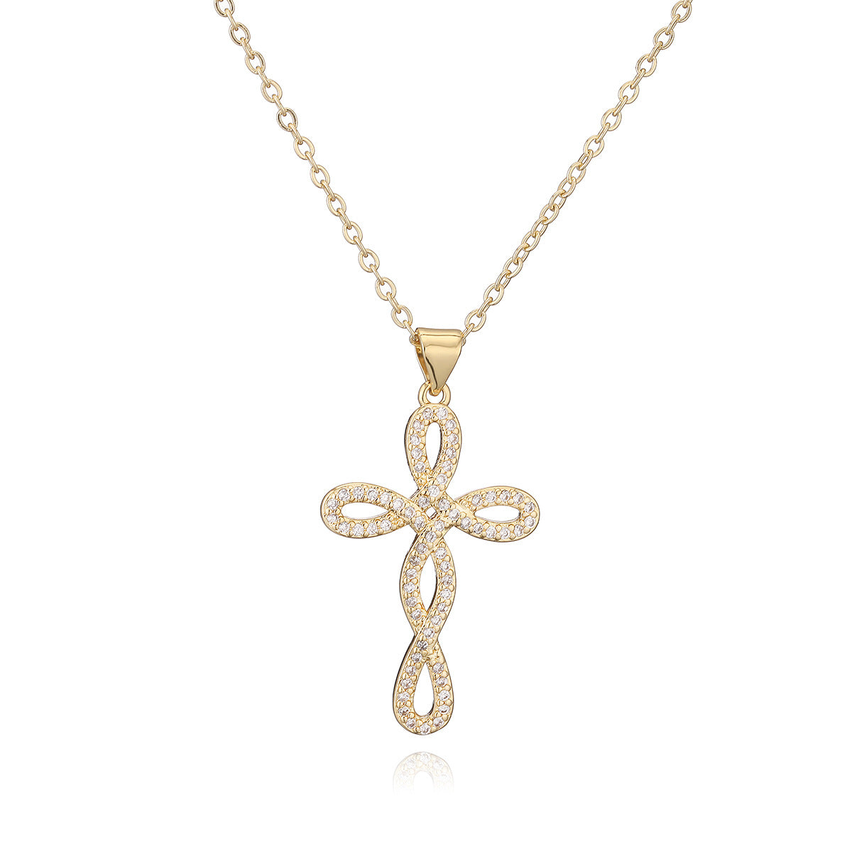 Collana con Ciondolo a Croce Minimalista da Donna in Rame con Placcatura in Oro 18 carati e Intarsio in Zirconi