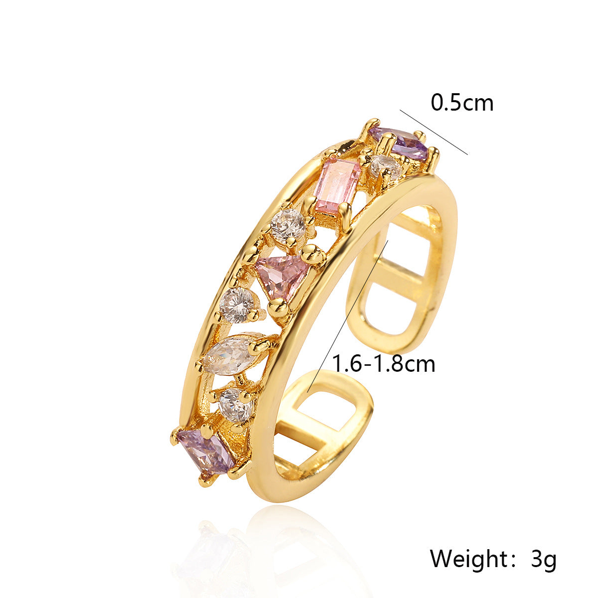 Minimalist Geometric Open Ring for Women in Brass with 18K Gold Plating, Zircon and Pearl Inlay