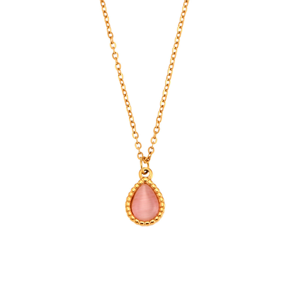 Collana con Pendente a Goccia in Pietra Occhio di Gatto, Stile Minimalista, in Acciaio Inossidabile Placcato Oro, da Donna
