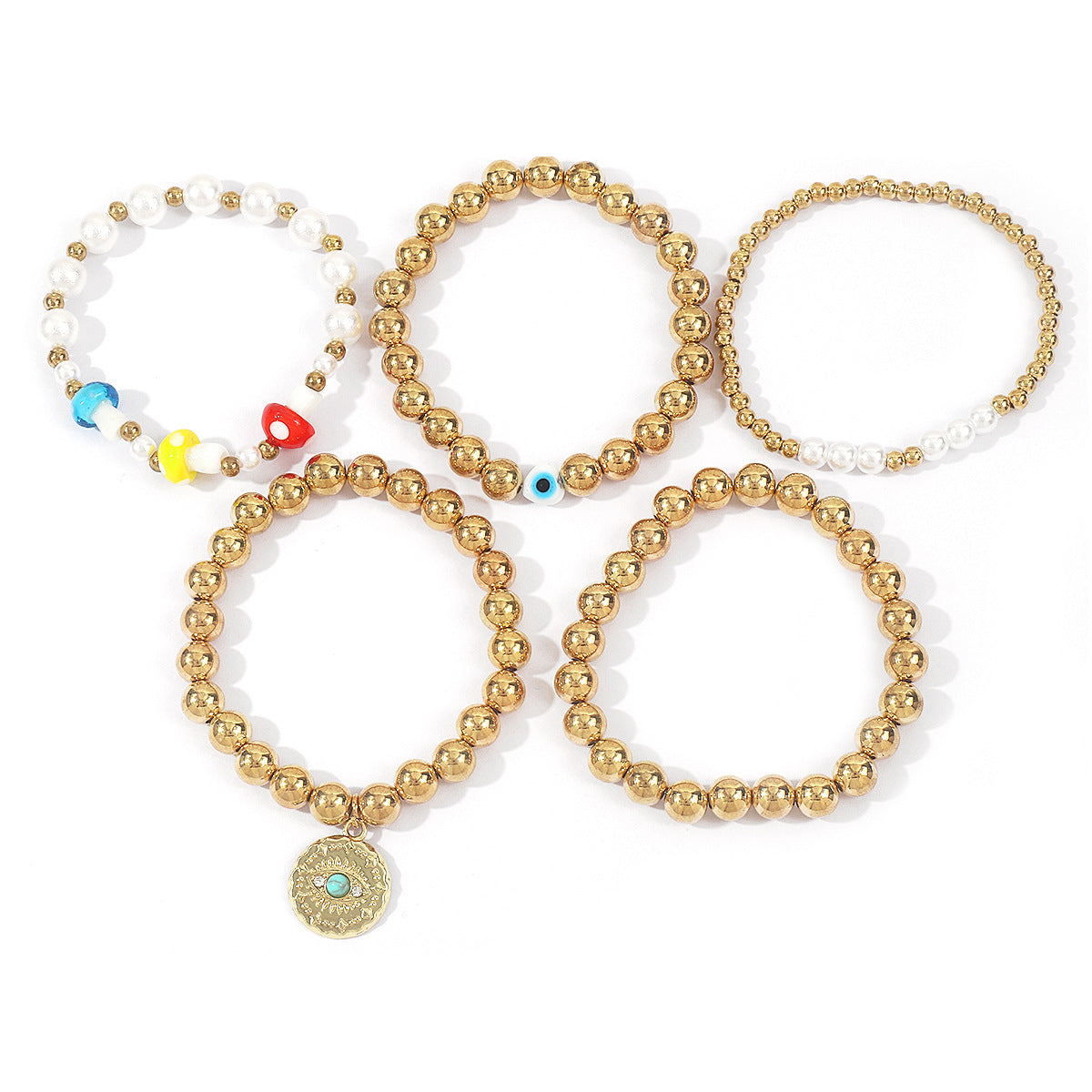 Minimalist Mushroom Eye Pendant Bracelet Set for Women with CCB Beads Alloy and Imitation Pearl Handmade Woven Design