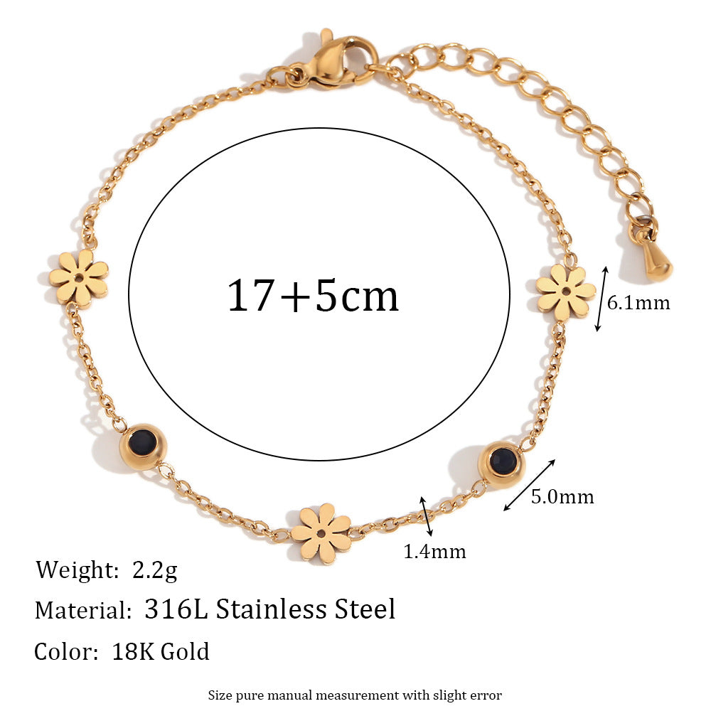 Bracciale a Fiore con Strass Bianchi e Neri a Doppia Faccia, Placcato Oro 18K, in Acciaio Inossidabile, per Donna, Stile Minimalista e di Tendenza
