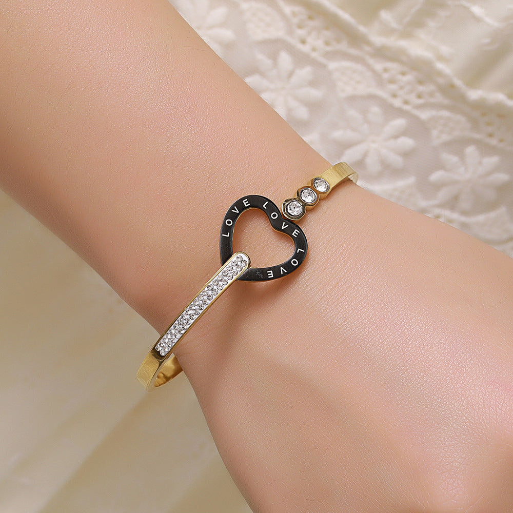 Hollow Rhinestone Drip Oil Heart Geometric Titanium Steel Bracelet Unisex