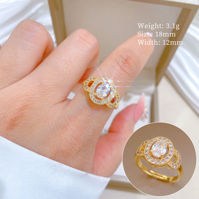 Minimalist Sweet Gold Plated Oval Rhinestone Adjustable Ring for Women