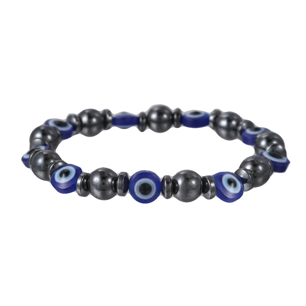 Geometric Round Hematite Magnetic Bracelet with Evil Eye Design