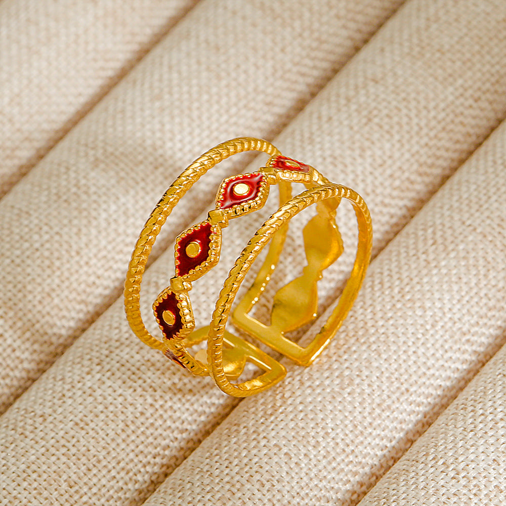 Vintage INS Style Stainless Steel Adjustable Ring with Natural Stone Inlay in Geometric Heart Zodiac and Animal Shapes
