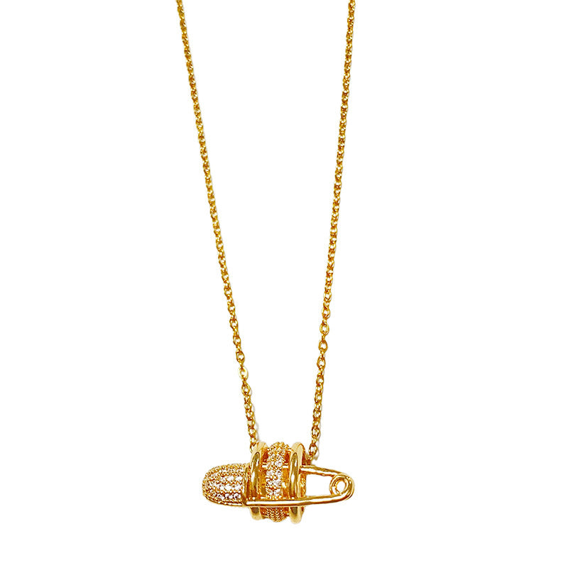 Elegant Luxury Full Rhinestone Geometric Safety Pin Pendant Titanium Steel Necklace for Unisex